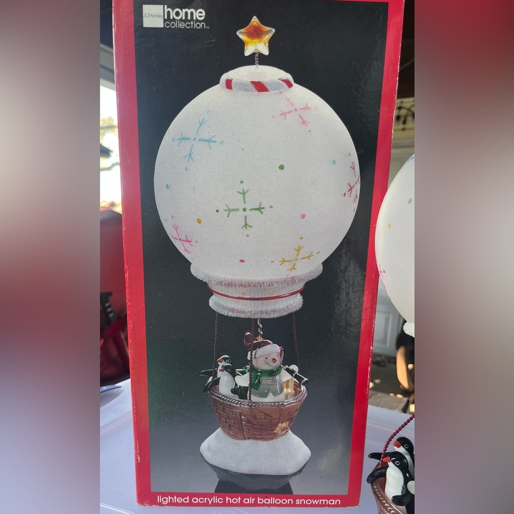 JCPenney Lighted Acrylic Hot Air Balloon Snowman in Box